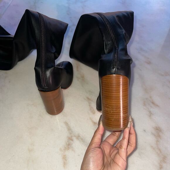 Burberry Black Faux Leather Thigh High Sock Boot with Wooden Circular Block Heel - Picture 12 of 14